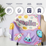 Cute Kawaii Space Rockets Planets Globes Suns Stars Purple Seamless  Personalised Custom Name Super Soft Fleece Blanket Bed Sofa Throw