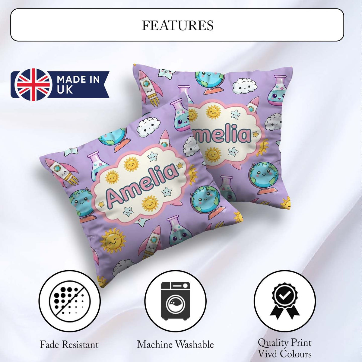 Custom Name Cute Kawaii Space Rockets Planets Globes Suns Purple Square Filled Cushion Throw Pillow Sofa Bed Home Decor Zip Washable UK Made