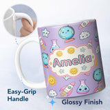 Personalized Custom Name Cute Kawaii Space Rockets Planets Globes Suns Stars Purple Seamless 11oz Ceramic Coffee Tea Mug White Large Handle