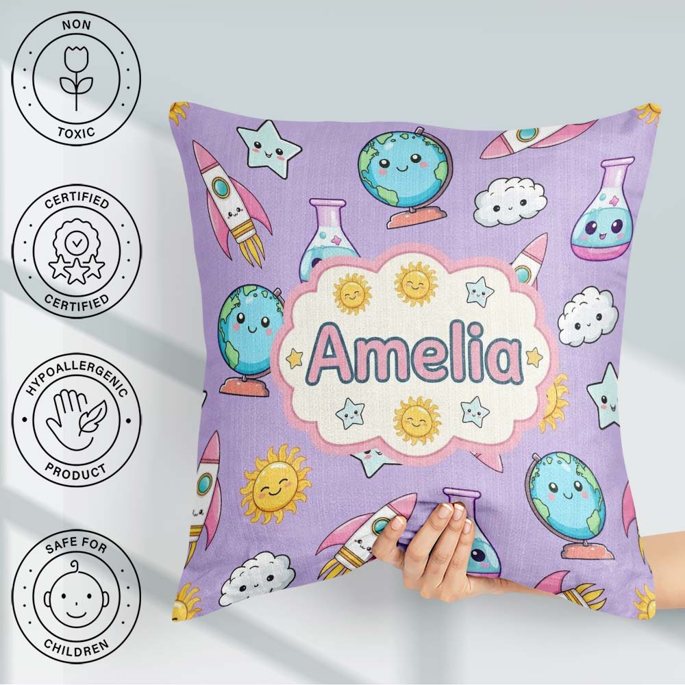 Custom Name Cute Kawaii Space Rockets Planets Globes Suns Purple Square Filled Cushion Throw Pillow Sofa Bed Home Decor Zip Washable UK Made