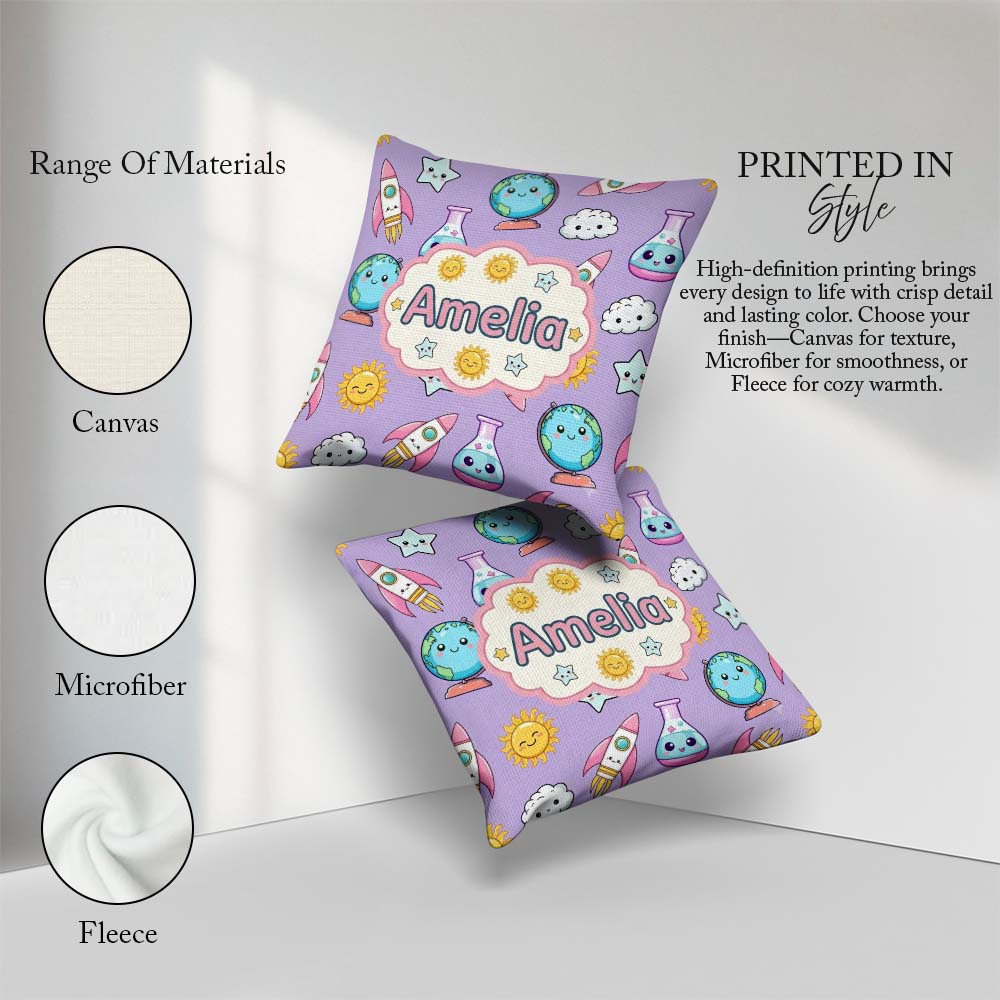 Custom Name Cute Kawaii Space Rockets Planets Globes Suns Purple Square Filled Cushion Throw Pillow Sofa Bed Home Decor Zip Washable UK Made