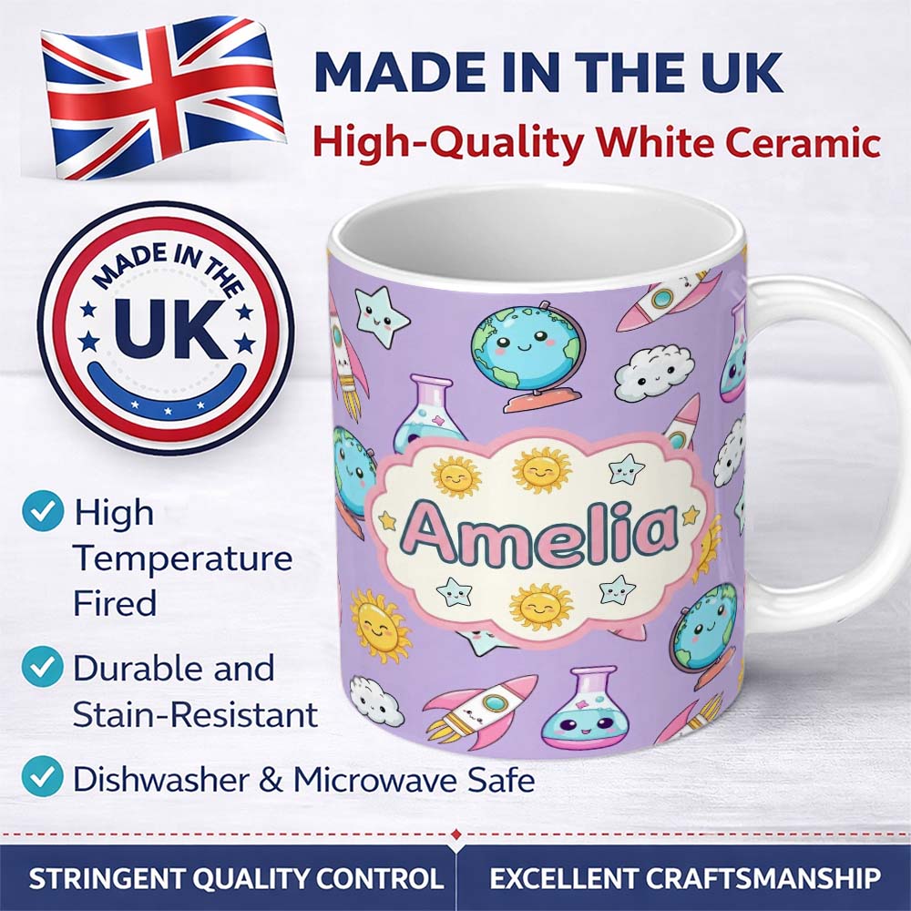 Personalized Custom Name Cute Kawaii Space Rockets Planets Globes Suns Stars Purple Seamless 11oz Ceramic Coffee Tea Mug White Large Handle