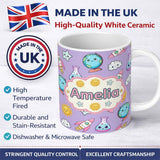 Personalized Custom Name Cute Kawaii Space Rockets Planets Globes Suns Stars Purple Seamless 11oz Ceramic Coffee Tea Mug White Large Handle