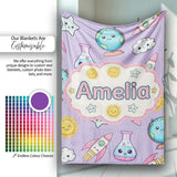 Cute Kawaii Space Rockets Planets Globes Suns Stars Purple Seamless  Personalised Custom Name Super Soft Fleece Blanket Bed Sofa Throw