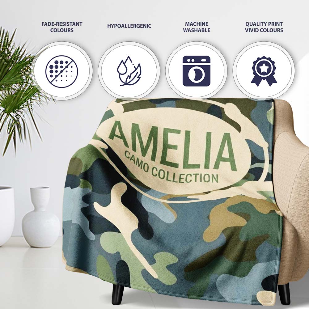 Multi Tone Woodland Camouflage Seamless Pattern Perfect Gift for Her  Personalised Custom Name Super Soft Fleece Blanket Bed Sofa Throw