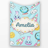 Cute Kawaii Space Rockets Planets Globes Suns Stars Blue Seamless  Personalised Custom Name Super Soft Fleece Blanket Bed Sofa Throw