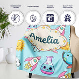 Cute Kawaii Space Rockets Planets Globes Suns Stars Blue Seamless  Personalised Custom Name Super Soft Fleece Blanket Bed Sofa Throw