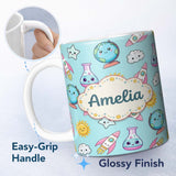 Personalized Custom Name Cute Kawaii Space Rockets Planets Globes Suns Stars Blue Seamless 11oz Ceramic Coffee Tea Mug White Large Handle