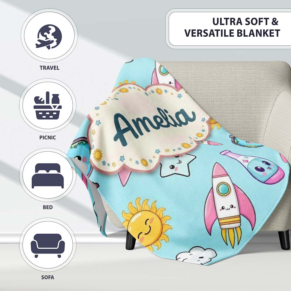 Cute Kawaii Space Rockets Planets Globes Suns Stars Blue Seamless  Personalised Custom Name Super Soft Fleece Blanket Bed Sofa Throw
