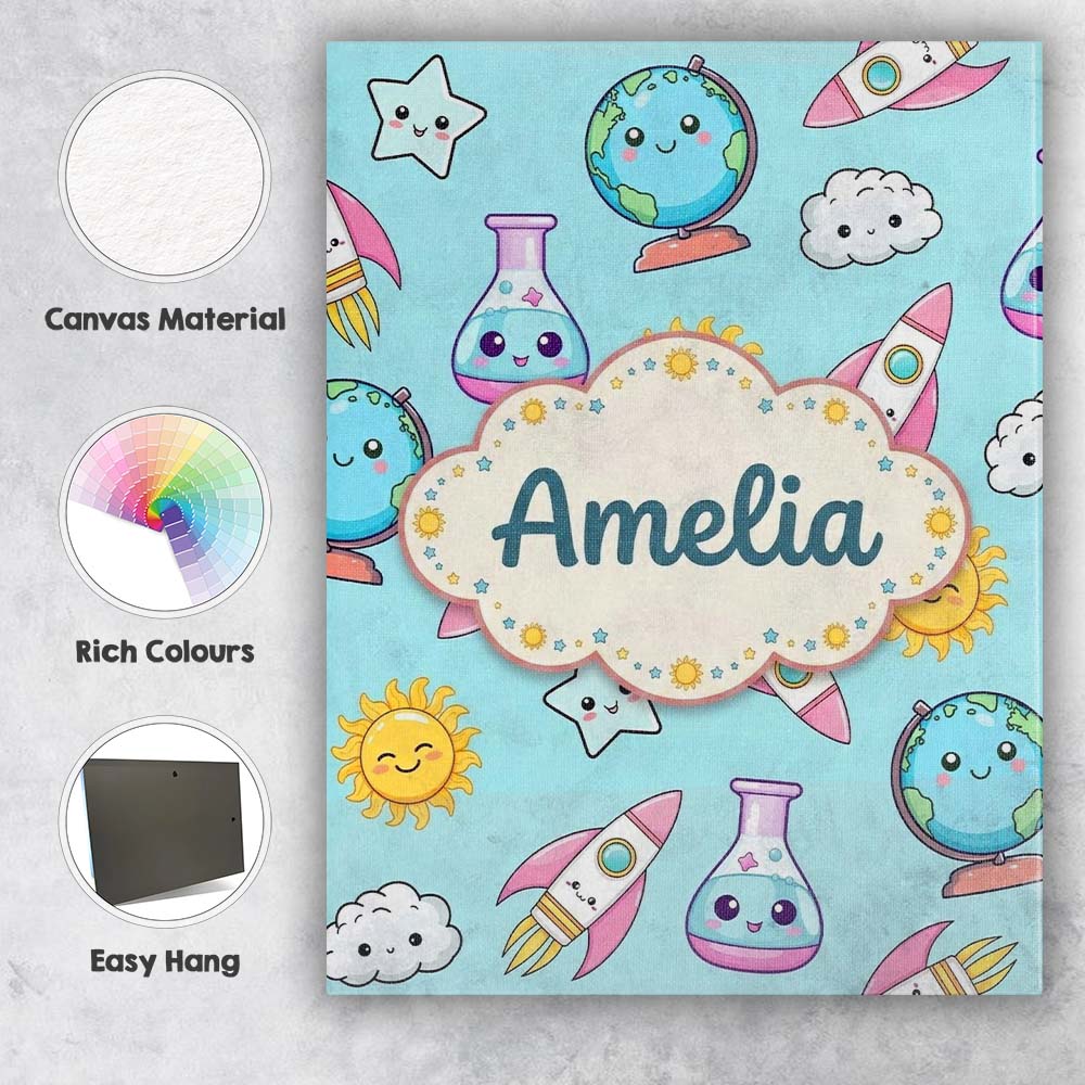 Personalised Name Cute Kawaii Space Rockets Custom  Bespoke Interior Contemporary Canvas Wall Art Print Decor Picture Ready to Hang