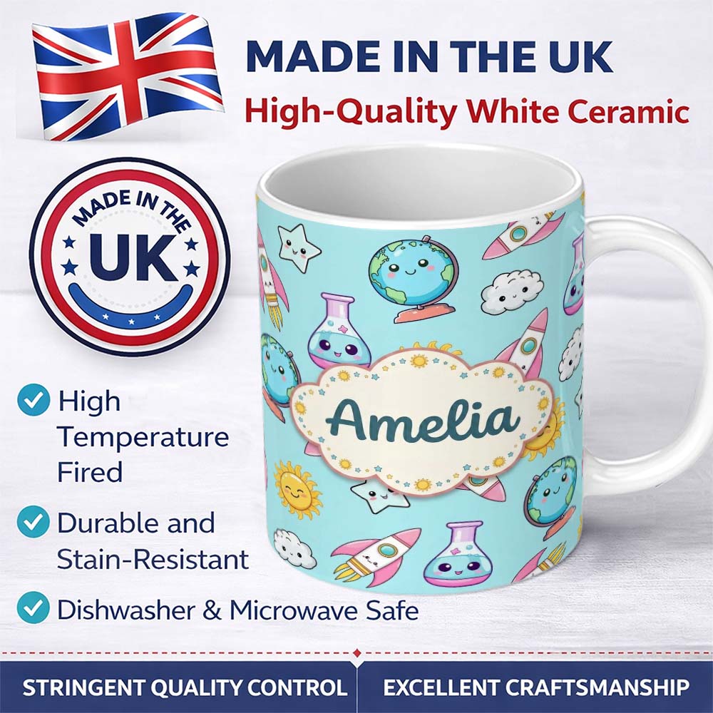 Personalized Custom Name Cute Kawaii Space Rockets Planets Globes Suns Stars Blue Seamless 11oz Ceramic Coffee Tea Mug White Large Handle