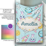 Cute Kawaii Space Rockets Planets Globes Suns Stars Blue Seamless  Personalised Custom Name Super Soft Fleece Blanket Bed Sofa Throw