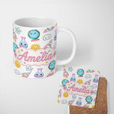 Personalized Custom Name Cute Kawaii Space Rockets Planets Globes Suns Stars Grey Seamless 11oz Ceramic Coffee Tea Mug White Large Handle
