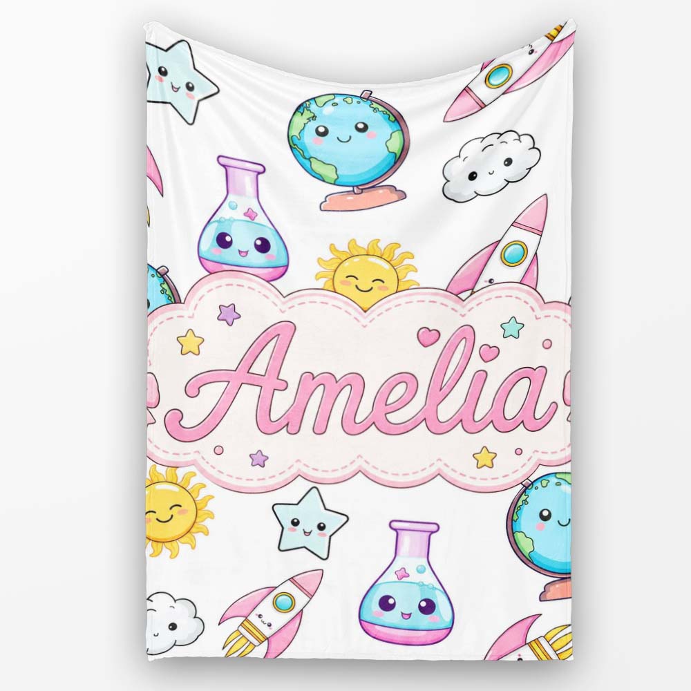 Cute Kawaii Space Rockets Planets Globes Suns Stars Grey Seamless  Personalised Custom Name Super Soft Fleece Blanket Bed Sofa Throw