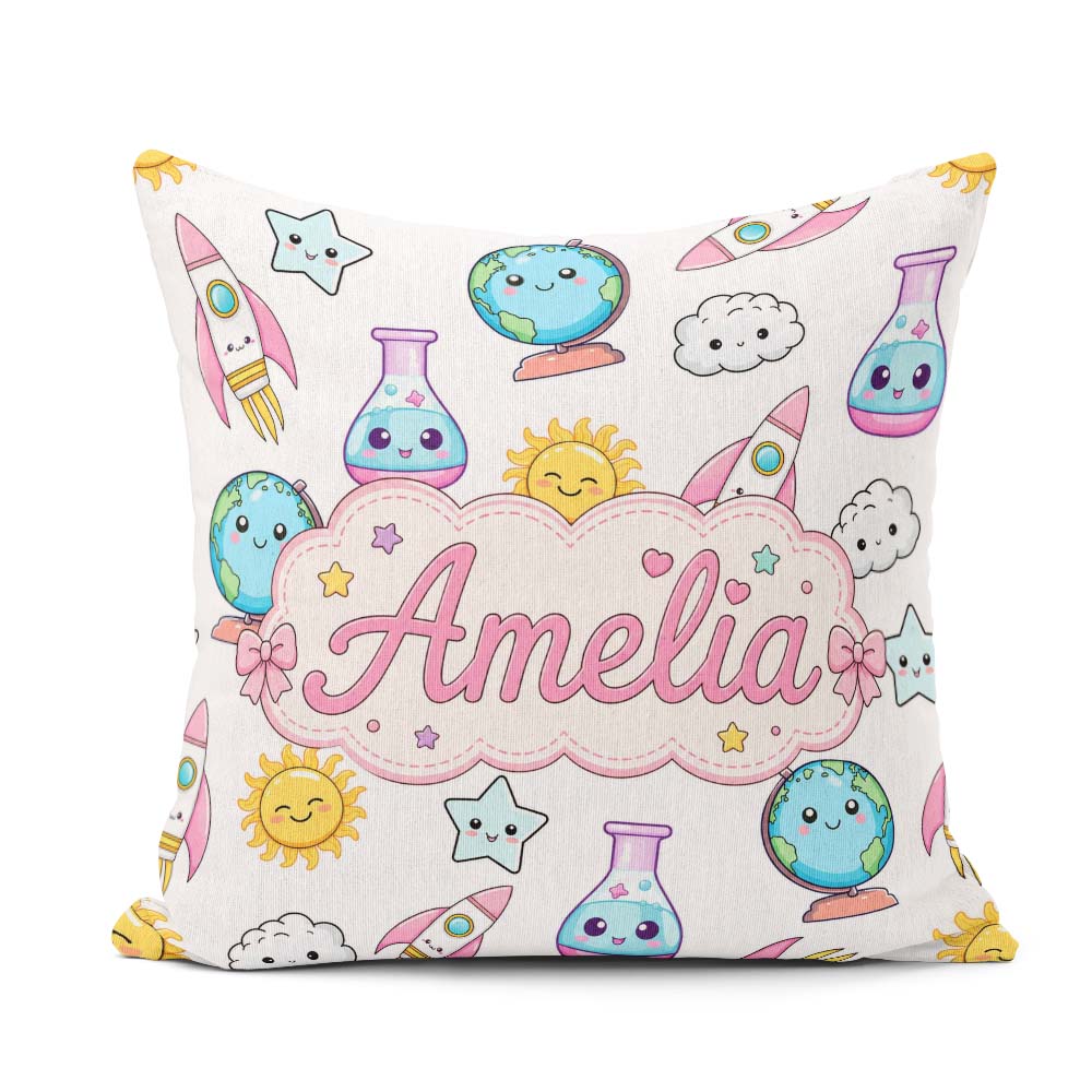 Custom Name Kawaii Space Rockets Globes Suns Stars Grey Seamless Square Filled Cushion Throw Pillow Sofa Bed Home Decor Zip Washable UK Made