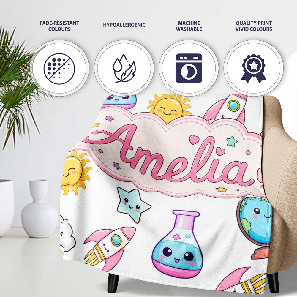 Cute Kawaii Space Rockets Planets Globes Suns Stars Grey Seamless  Personalised Custom Name Super Soft Fleece Blanket Bed Sofa Throw