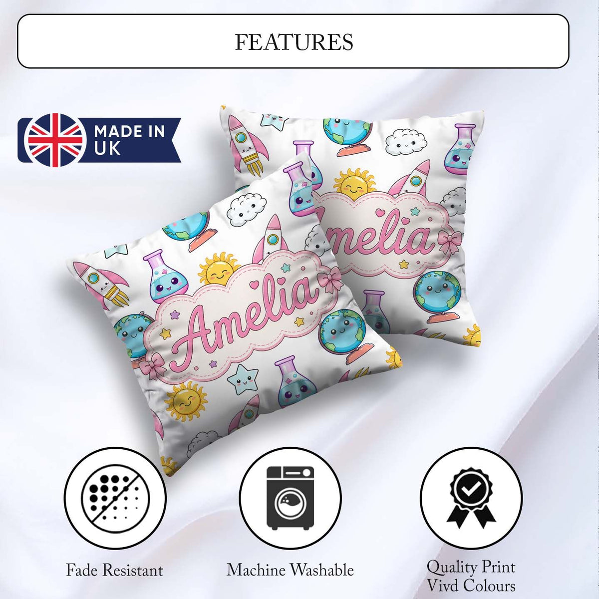 Custom Name Kawaii Space Rockets Globes Suns Stars Grey Seamless Square Filled Cushion Throw Pillow Sofa Bed Home Decor Zip Washable UK Made