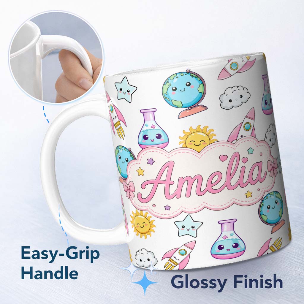 Personalized Custom Name Cute Kawaii Space Rockets Planets Globes Suns Stars Grey Seamless 11oz Ceramic Coffee Tea Mug White Large Handle