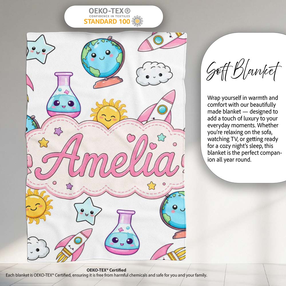 Cute Kawaii Space Rockets Planets Globes Suns Stars Grey Seamless  Personalised Custom Name Super Soft Fleece Blanket Bed Sofa Throw