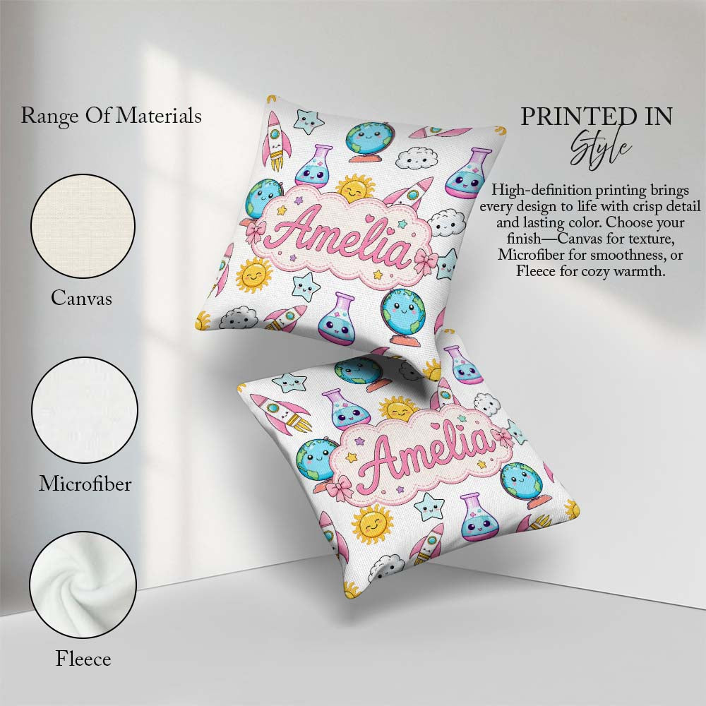 Custom Name Kawaii Space Rockets Globes Suns Stars Grey Seamless Square Filled Cushion Throw Pillow Sofa Bed Home Decor Zip Washable UK Made