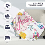 Cute Kawaii Space Rockets Planets Globes Suns Stars Grey Seamless  Personalised Custom Name Super Soft Fleece Blanket Bed Sofa Throw