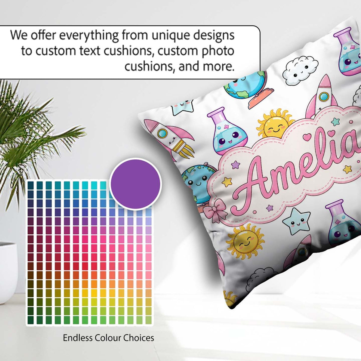 Custom Name Kawaii Space Rockets Globes Suns Stars Grey Seamless Square Filled Cushion Throw Pillow Sofa Bed Home Decor Zip Washable UK Made