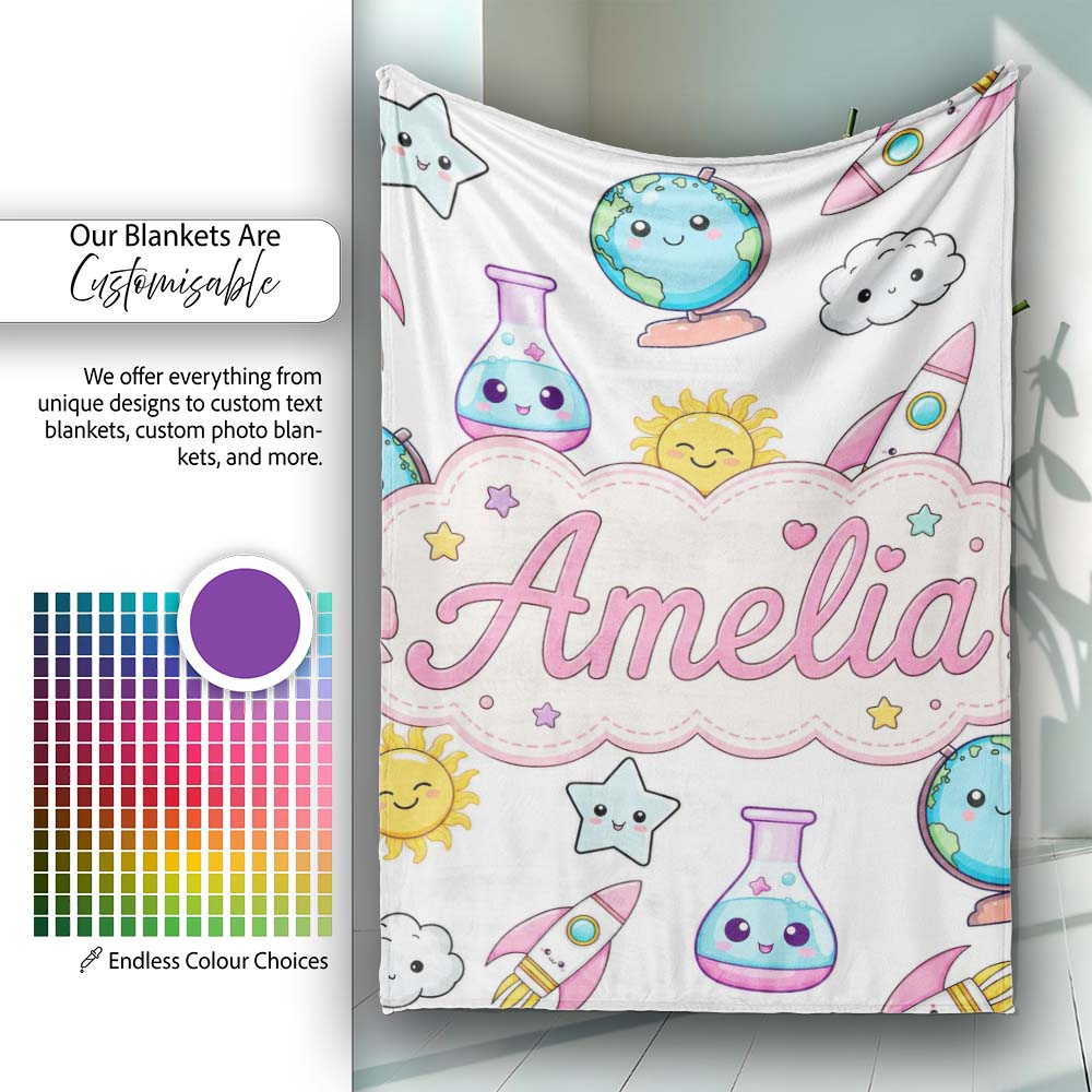 Cute Kawaii Space Rockets Planets Globes Suns Stars Grey Seamless  Personalised Custom Name Super Soft Fleece Blanket Bed Sofa Throw