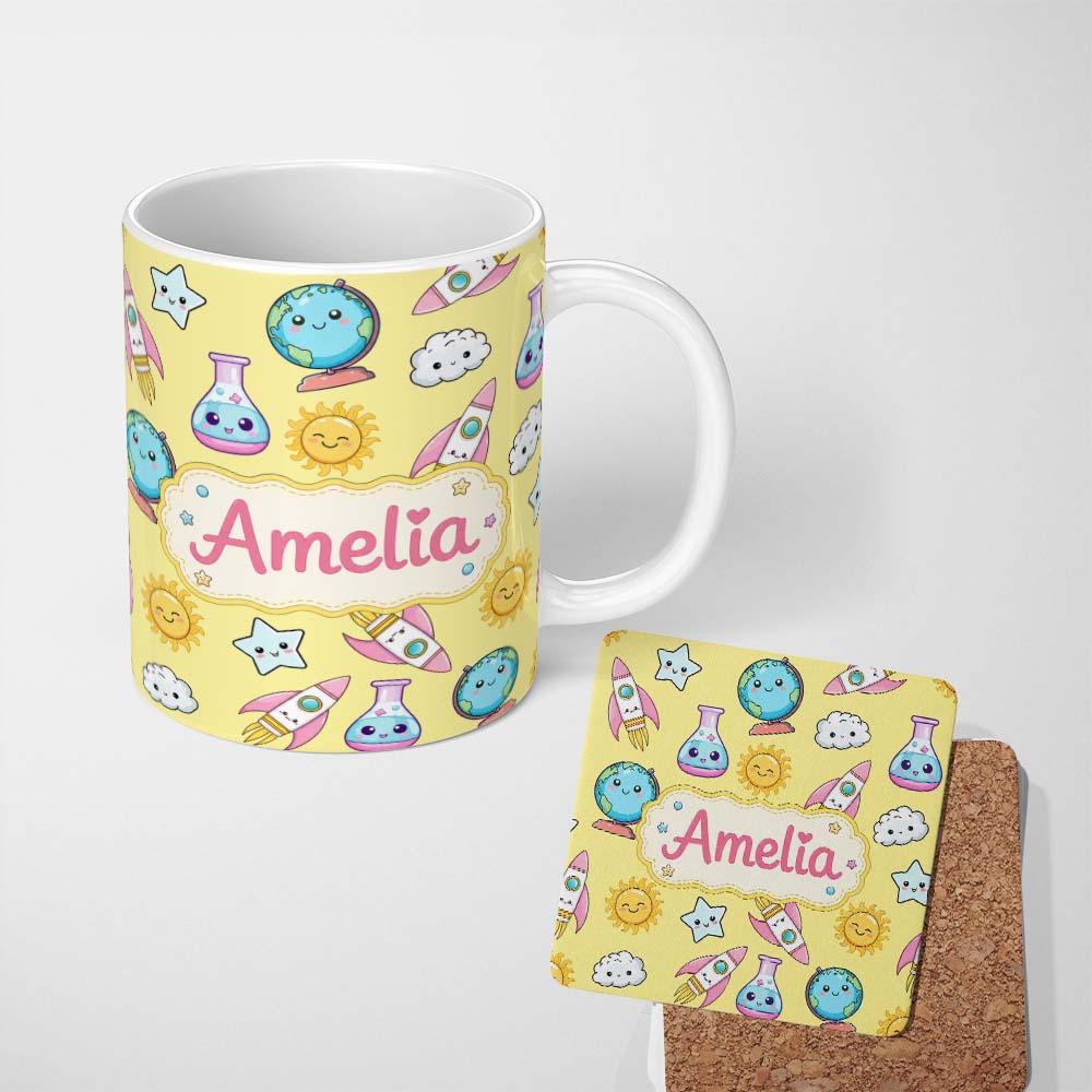 Personalized Custom Name Cute Kawaii Space Rockets Planets Globes Suns Stars Yellow Seamless 11oz Ceramic Coffee Tea Mug White Large Handle