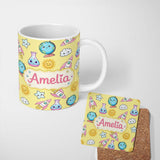 Personalized Custom Name Cute Kawaii Space Rockets Planets Globes Suns Stars Yellow Seamless 11oz Ceramic Coffee Tea Mug White Large Handle