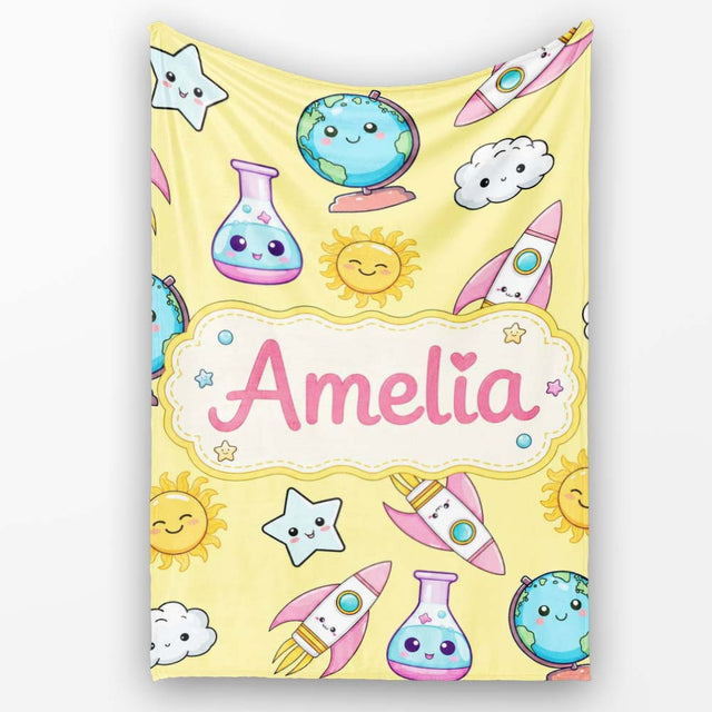 Cute Kawaii Space Rockets Planets Globes Suns Stars Yellow Seamless  Personalised Custom Name Super Soft Fleece Blanket Bed Sofa Throw