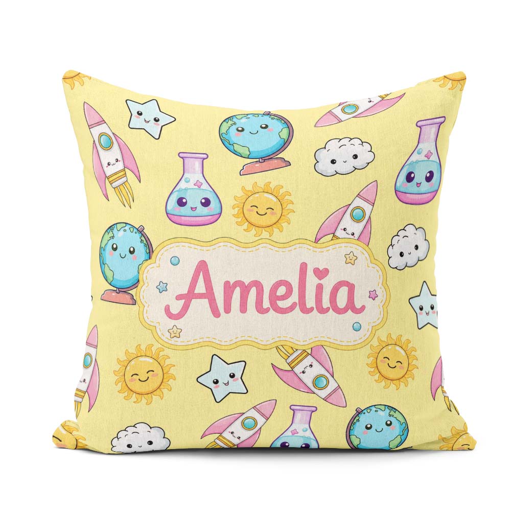 Custom Name Cute Kawaii Space Rockets Planets Globes Suns Yellow Square Filled Cushion Throw Pillow Sofa Bed Home Decor Zip Washable UK Made