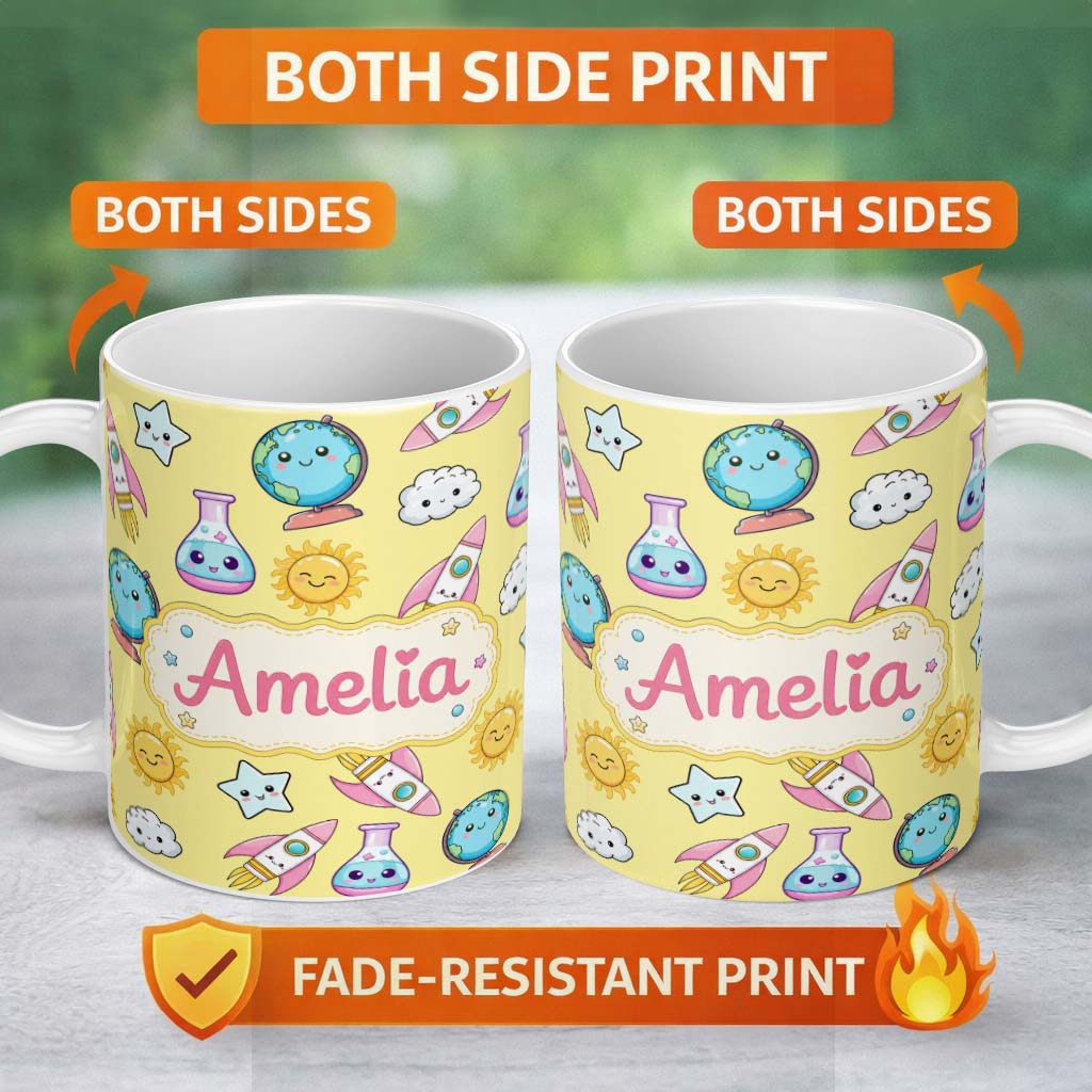 Personalized Custom Name Cute Kawaii Space Rockets Planets Globes Suns Stars Yellow Seamless 11oz Ceramic Coffee Tea Mug White Large Handle