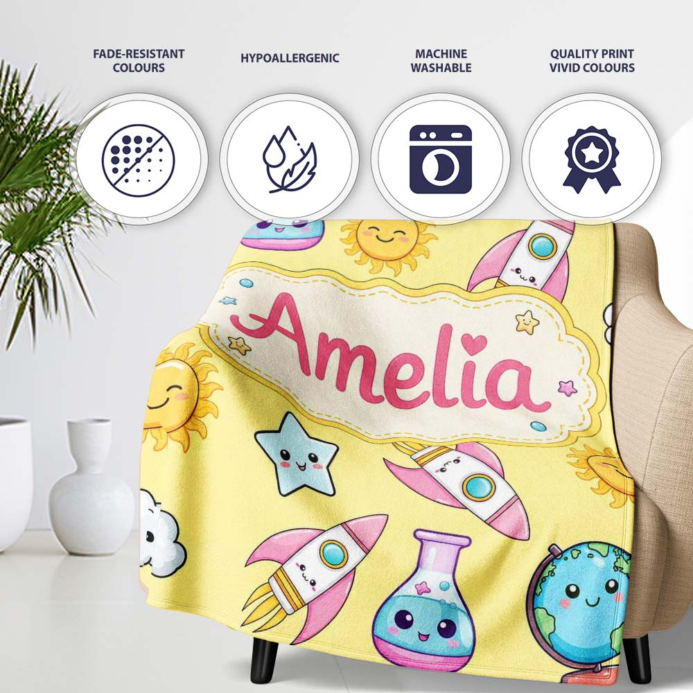 Cute Kawaii Space Rockets Planets Globes Suns Stars Yellow Seamless  Personalised Custom Name Super Soft Fleece Blanket Bed Sofa Throw