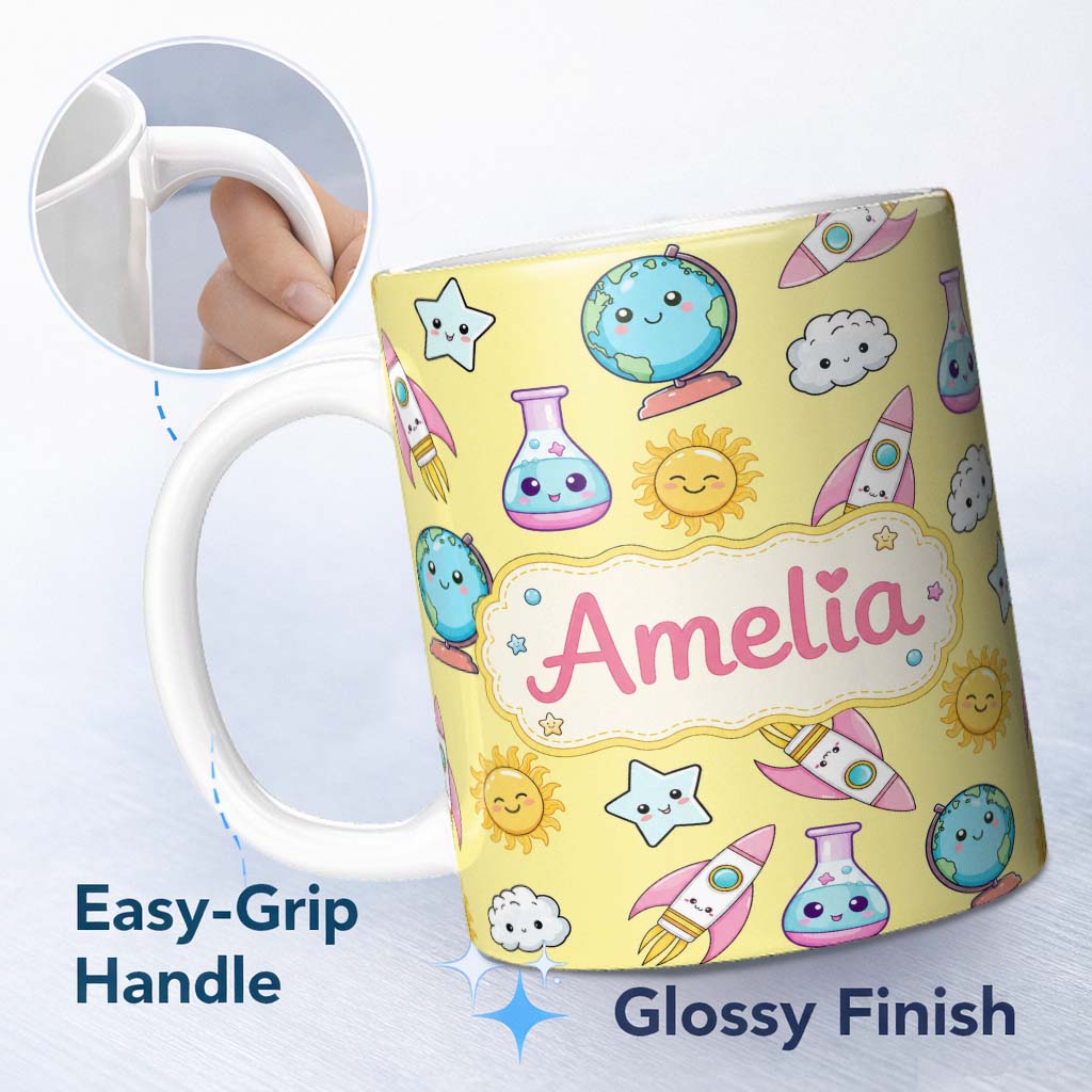 Personalized Custom Name Cute Kawaii Space Rockets Planets Globes Suns Stars Yellow Seamless 11oz Ceramic Coffee Tea Mug White Large Handle