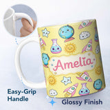 Personalized Custom Name Cute Kawaii Space Rockets Planets Globes Suns Stars Yellow Seamless 11oz Ceramic Coffee Tea Mug White Large Handle