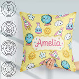 Custom Name Cute Kawaii Space Rockets Planets Globes Suns Yellow Square Filled Cushion Throw Pillow Sofa Bed Home Decor Zip Washable UK Made