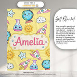 Cute Kawaii Space Rockets Planets Globes Suns Stars Yellow Seamless  Personalised Custom Name Super Soft Fleece Blanket Bed Sofa Throw