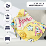 Cute Kawaii Space Rockets Planets Globes Suns Stars Yellow Seamless  Personalised Custom Name Super Soft Fleece Blanket Bed Sofa Throw
