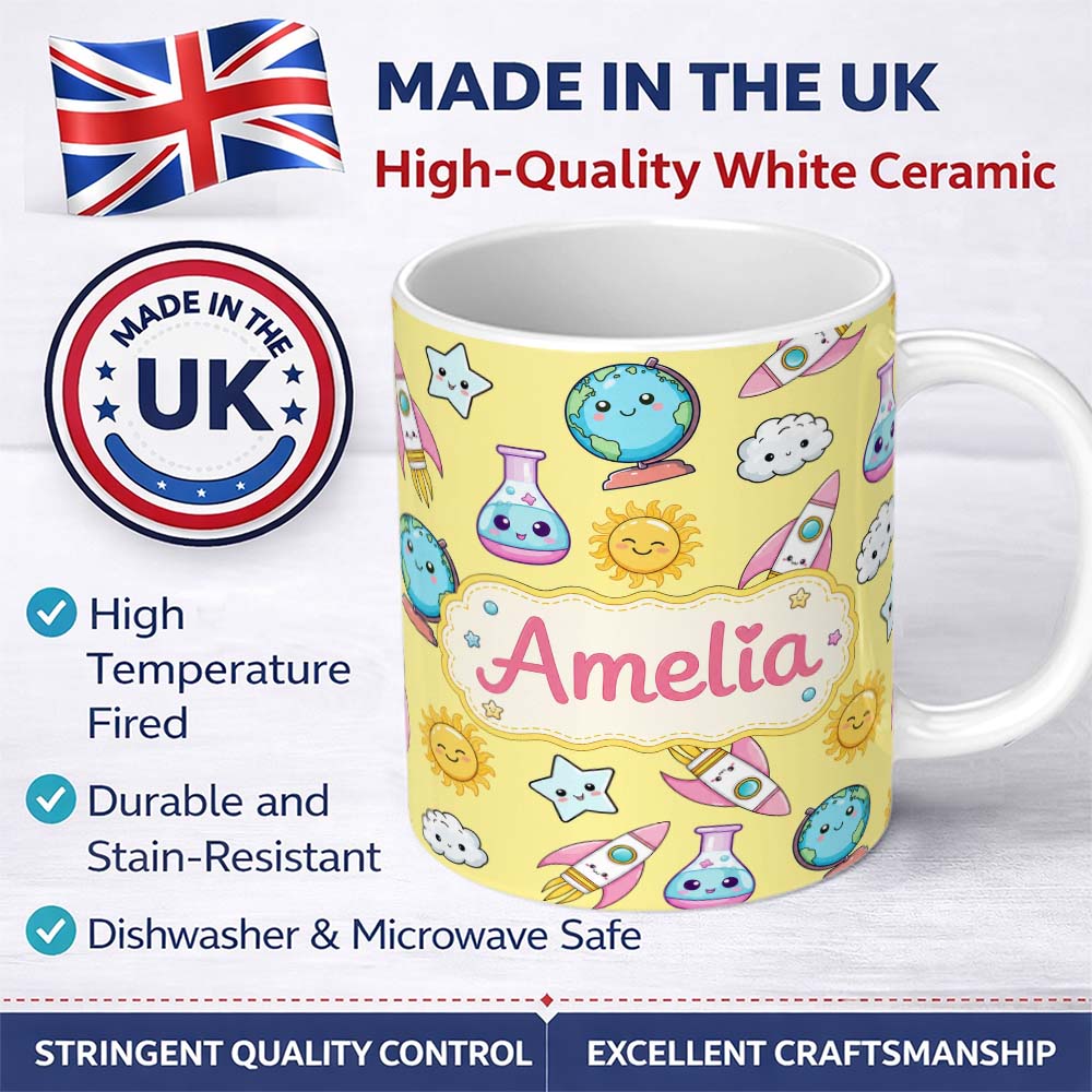 Personalized Custom Name Cute Kawaii Space Rockets Planets Globes Suns Stars Yellow Seamless 11oz Ceramic Coffee Tea Mug White Large Handle