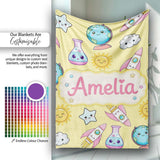 Cute Kawaii Space Rockets Planets Globes Suns Stars Yellow Seamless  Personalised Custom Name Super Soft Fleece Blanket Bed Sofa Throw