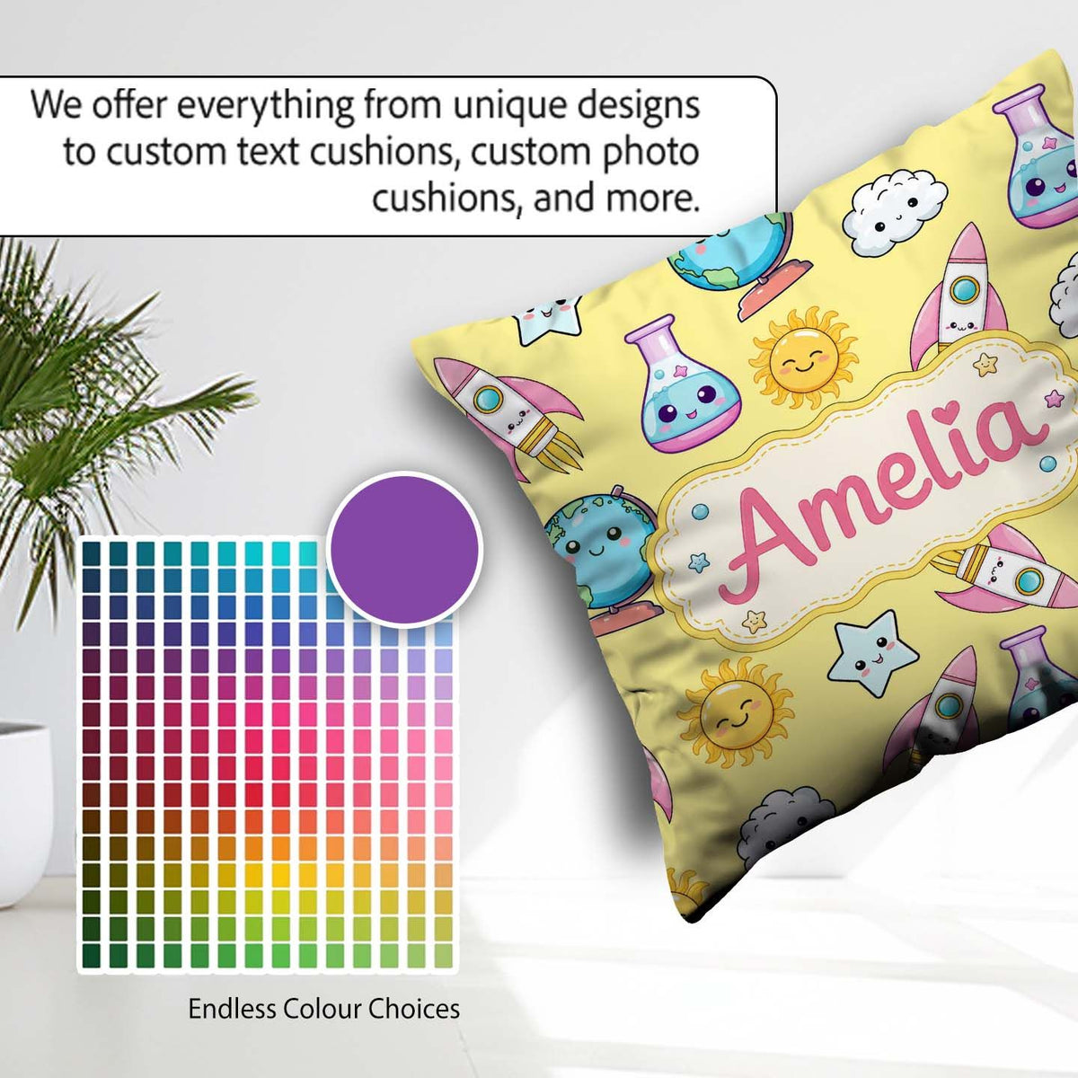 Custom Name Cute Kawaii Space Rockets Planets Globes Suns Yellow Square Filled Cushion Throw Pillow Sofa Bed Home Decor Zip Washable UK Made