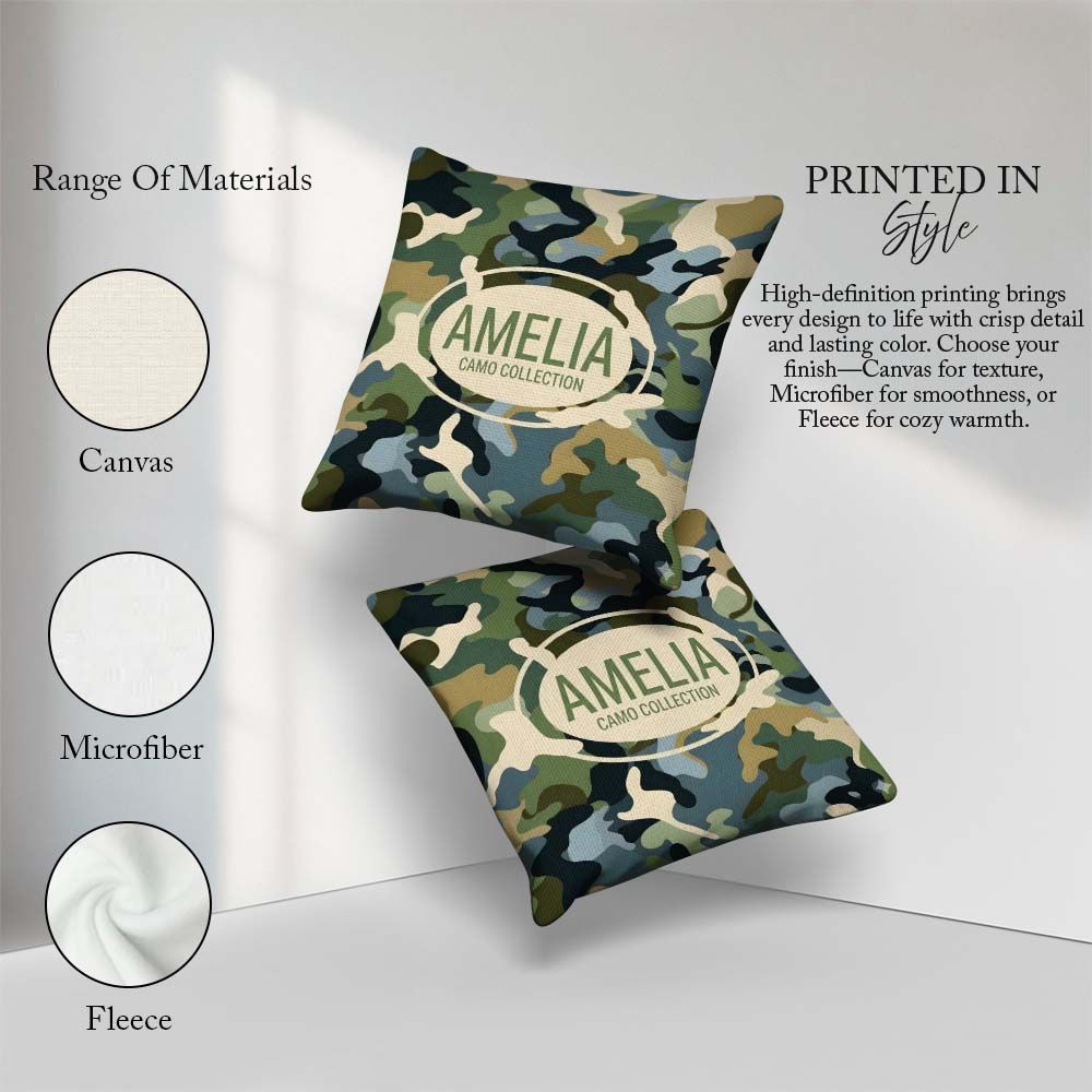 Custom Name Multi Tone Woodland Camouflage Seamless Pattern for Square Filled Cushion Throw Pillow Sofa Bed Home Decor Zip Washable UK Made