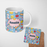 Personalized Custom Name Cute Kawaii School Supplies Glue Ruler Rainbow Apple Seamless 11oz Ceramic Coffee Tea Mug White Large Handle