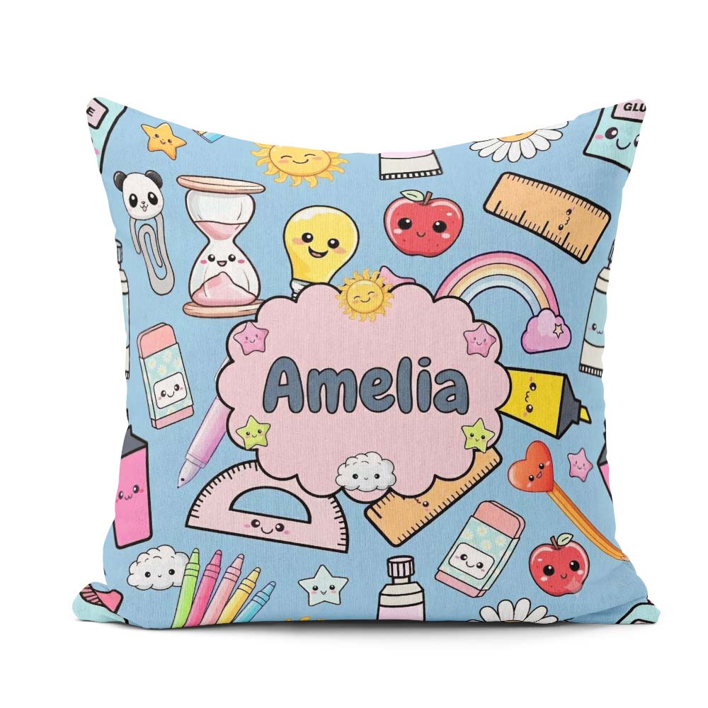 Custom Name Cute Kawaii School Supplies Glue Ruler Rainbow Apple Square Filled Cushion Throw Pillow Sofa Bed Home Decor Zip Washable UK Made