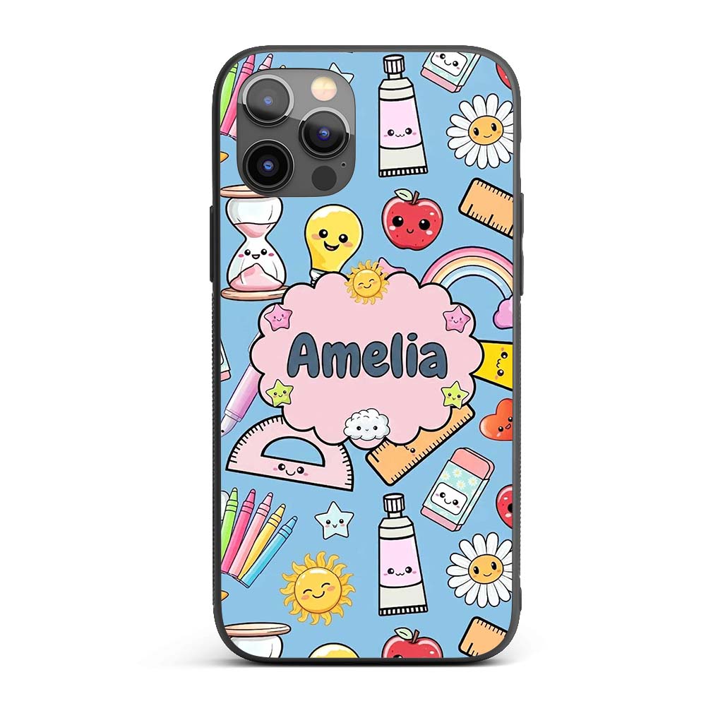 Cute Kawaii School Supplies Glue Ruler Rainbow Custom Name Protective Phone Case Mobile Cover Durable Everyday Smartphone Shock Resistant