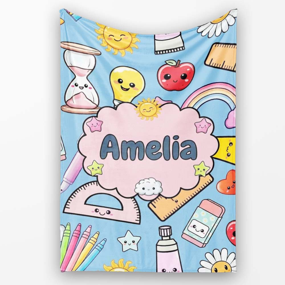 Cute Kawaii School Supplies Glue Ruler Rainbow Apple Seamless  Personalised Custom Name Super Soft Fleece Blanket Bed Sofa Throw