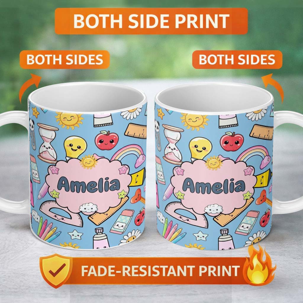 Personalized Custom Name Cute Kawaii School Supplies Glue Ruler Rainbow Apple Seamless 11oz Ceramic Coffee Tea Mug White Large Handle