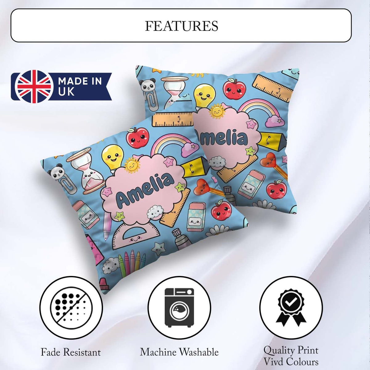 Custom Name Cute Kawaii School Supplies Glue Ruler Rainbow Apple Square Filled Cushion Throw Pillow Sofa Bed Home Decor Zip Washable UK Made
