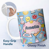 Personalized Custom Name Cute Kawaii School Supplies Glue Ruler Rainbow Apple Seamless 11oz Ceramic Coffee Tea Mug White Large Handle