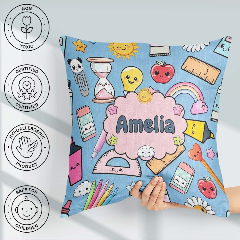 Custom Name Cute Kawaii School Supplies Glue Ruler Rainbow Apple Square Filled Cushion Throw Pillow Sofa Bed Home Decor Zip Washable UK Made
